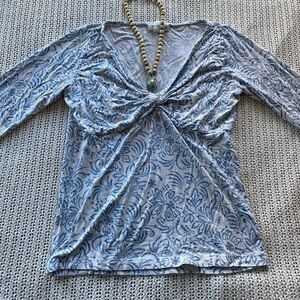 Blue & White Boho Floral Print Top with Detailed Neckline